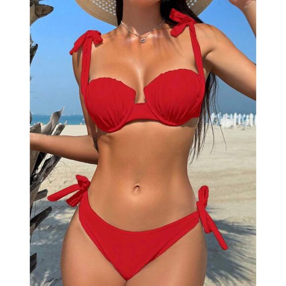 SHEIN Red Swim Summer Beach
Women's Solid Color Pleated Bikini Set - Picture 3 of 5